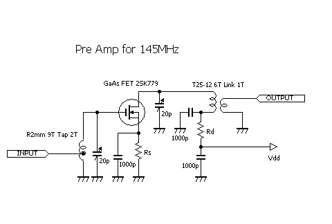 Circuit Diagram of 145MHz Pre-Amp. Diameter of Input-Coil is about 7mm. 2mm is diameter of its wire.