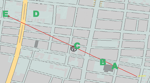 ノイズ探索ルート。赤のラインはJA7KPI宅から ほぼ西北西方向。