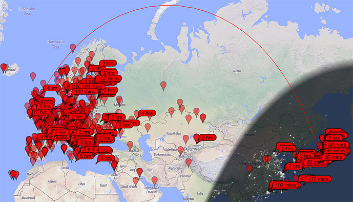 JA7KPI's Great Circle to EUs on pskreporter