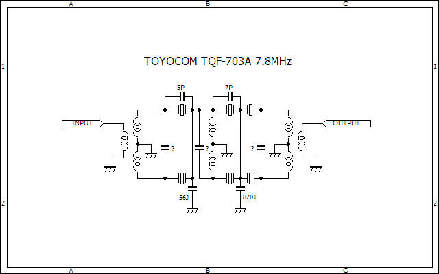 TOYOCOM TQF-703A 7.8MHz Diagram コンデンサで「?」付きのもの3個は確認できてないけど コイルのケースに内蔵されている共振用と想定。