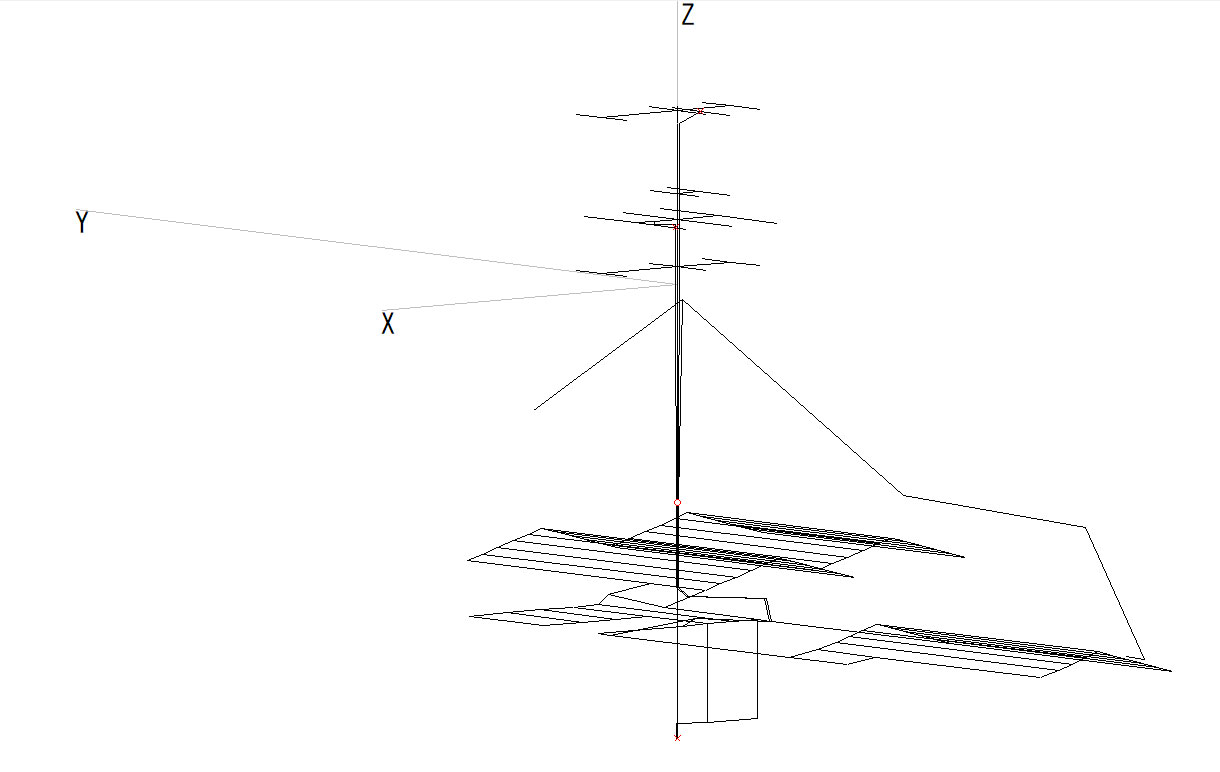 Wire structure for a simulation of 1.8MHz(/3.5MHz) Sloperoid with tower, mast,
HF/50MHz antennas  and roof of shack