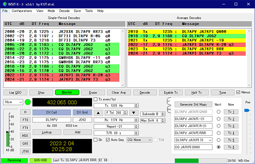 交信時の WSJT-Xのスクリーンショット(周波数は
432.063が正しい)