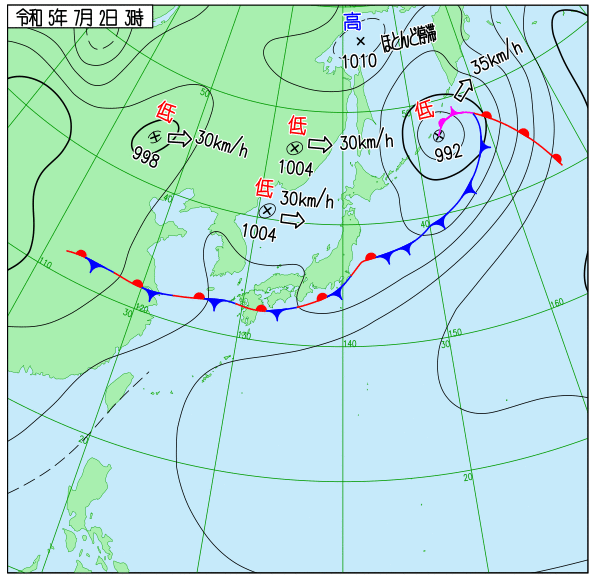 2023/7/2 03時 天気図。前線が列島に沿う形。