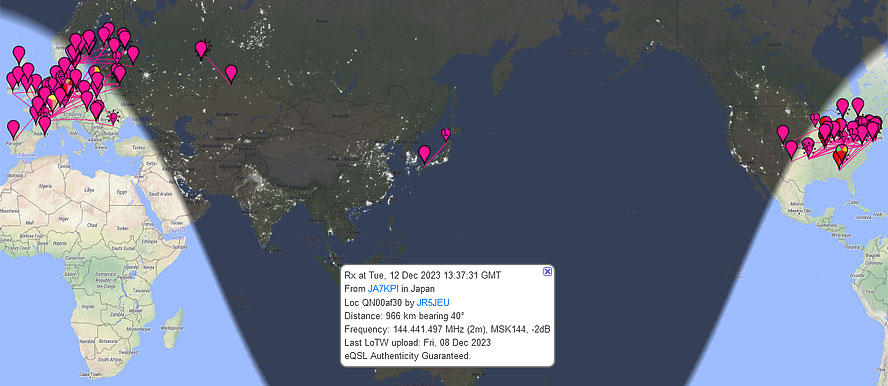 12月12日夜の 144MHz
MSK144のアクティヴィティ。北米やEuは盛況。